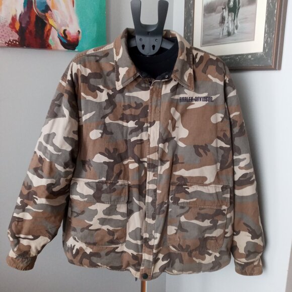 Vintage Harley Davidson Reversible Down Jacket black/camo size 2XL - Picture 2 of 11